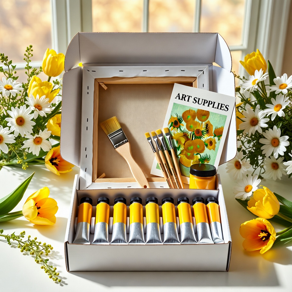 spring art kits with Van Gogh sunflower paints brushes and canvas
