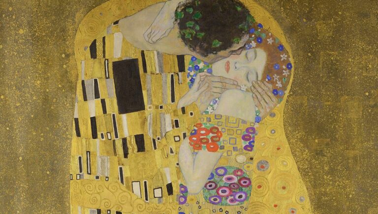 Detail of The Kiss by Gustav Klimt showing gold leaf patterns