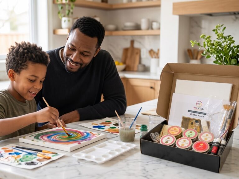 Dad and son painting with the Art Club Monthly kids box
