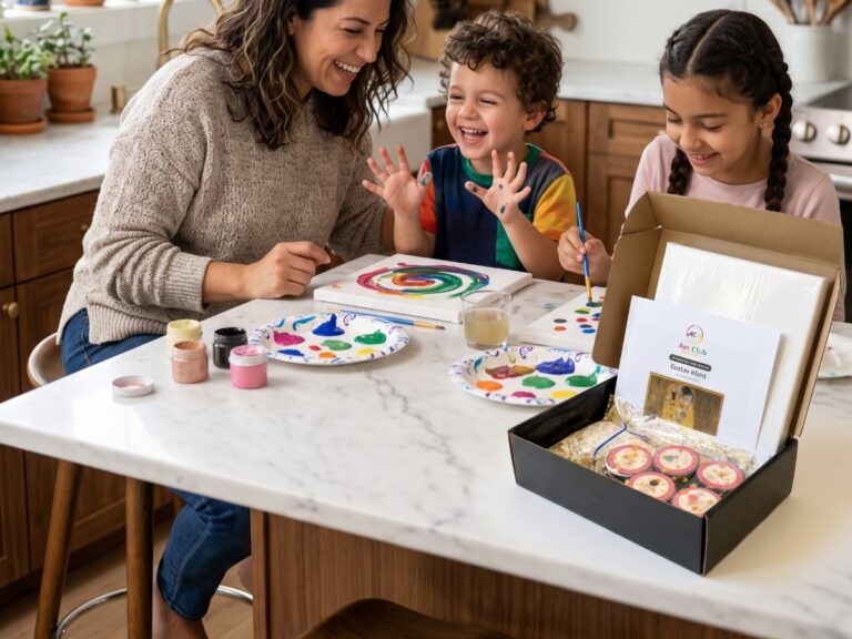 Mom, son and daughter painting with the Art Club Monthly kids box