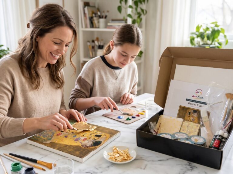 Mom and teen applying gold leaf with the Art Club Monthly teens and adults box