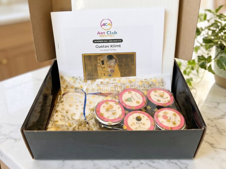 Art Club Monthly kids box with paints, canvas and project guide