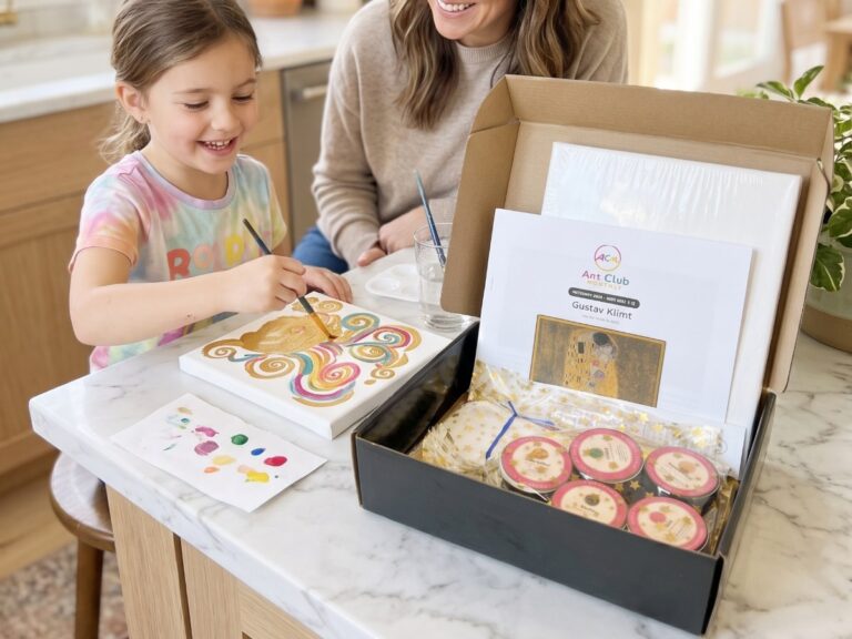 Mom and daughter painting with the Art Club Monthly kids box