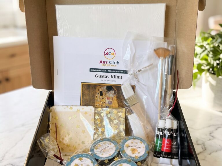 Art Club Monthly teens and adults box with Klimt project guide